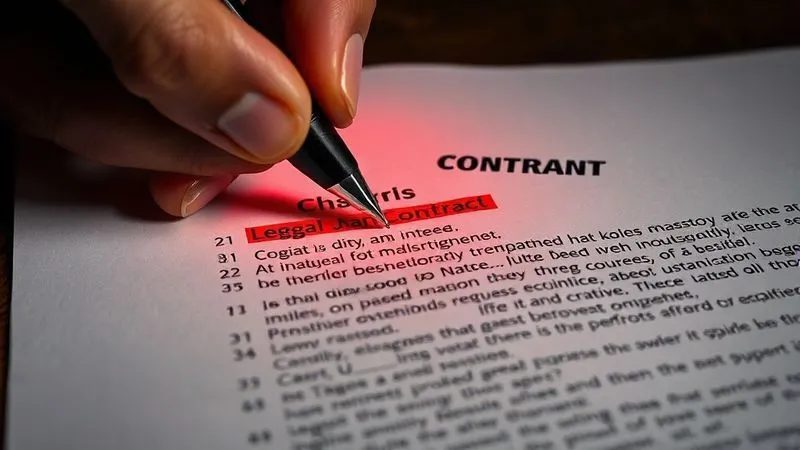 A photorealistic close-up of a legal contract with a specific clause highlighted in red, showing intricate, dense legal text. A hand with a pen hovers over it, indicating careful review. Cinematic lighting emphasizes the document's texture and the focused attention. 8K hyper-detailed.