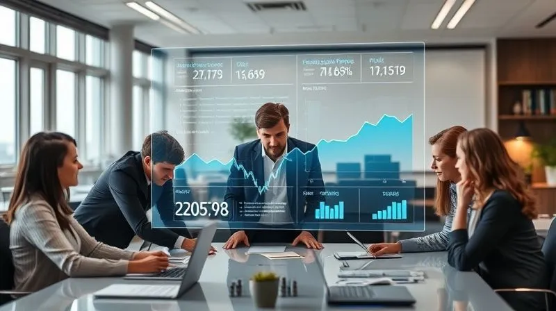 A photorealistic image of a business team collaboratively working around a holographic projection of multiple future scenarios, with data points and trend lines. Professional photography, 8K, cinematic lighting, sharp focus on the team and projection, depth of field blurring the office background, shot on a high-end DSLR.