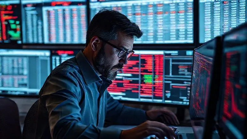 A financial analyst intensely scrutinizing a complex spreadsheet displayed on multiple monitors, with glowing red lines visually connecting suspicious data points across different financial statements, representing advanced analytical techniques for fraud detection. Photorealistic, professional photography, 8K, cinematic lighting, sharp focus, depth of field, shot on a high-end DSLR.