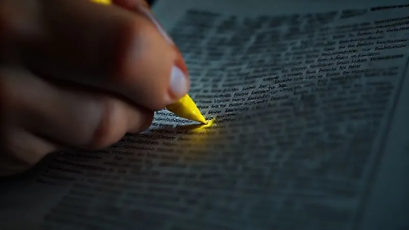 A close-up, photorealistic image of a person's hands meticulously highlighting text in the dense footnotes of a financial report with a yellow marker. The scene is dimly lit, emphasizing the focus required to 'read between the lines' and uncover hidden details. Professional photography, 8K, cinematic lighting, sharp focus on the highlighted text, depth of field blurring the background, shot on a high-end DSLR.