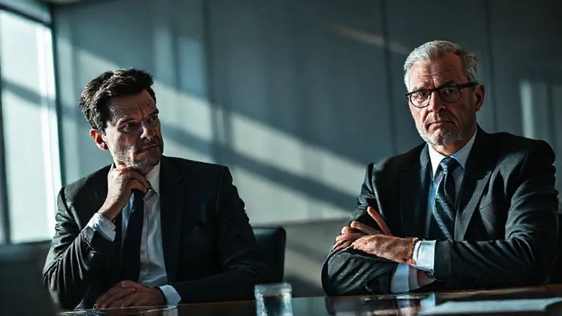 A corporate boardroom scene with subtle tension. One executive, looking stressed and uneasy, is subtly glancing at another executive who appears overly confident and dismissive, conveying a 'tone at the top' where pressure and questionable ethics might be at play. The lighting is dramatic, casting long shadows. Photorealistic, professional photography, 8K, cinematic lighting, sharp focus, depth of field, shot on a high-end DSLR.