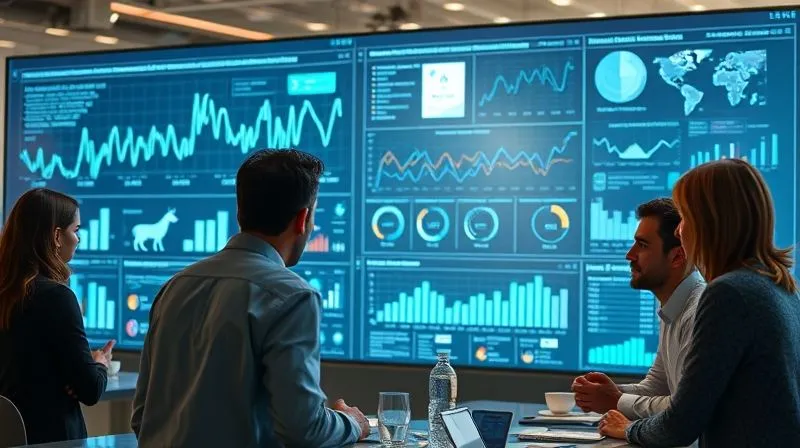 A photorealistic, professional photography, 8K, cinematic lighting, sharp focus, depth of field, shot on a high-end DSLR, depicting a sophisticated, interactive data visualization on a large transparent screen, showing interconnected trends and projections, with a diverse team of professionals thoughtfully analyzing the insights around it. A photorealistic, professional photography, 8K, cinematic lighting, sharp focus, depth of field, shot on a high-end DSLR, depicting a sophisticated, interactive data visualization on a large transparent screen, showing interconnected trends and projections, with a diverse team of professionals thoughtfully analyzing the insights around it.