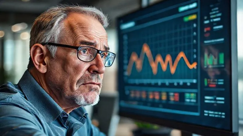A photorealistic, professional photography, 8K, cinematic lighting, sharp focus, depth of field. A worried business owner or executive, mid-40s, with a concerned expression, looking intently at a digital dashboard on a large monitor that clearly shows a sharp downward trend in a sales conversion graph. The office environment is modern and sleek, with soft background blur. Emotionally resonant, conveying urgency and concern. A photorealistic, professional photography, 8K, cinematic lighting, sharp focus, depth of field. A worried business owner or executive, mid-40s, with a concerned expression, looking intently at a digital dashboard on a large monitor that clearly shows a sharp downward trend in a sales conversion graph. The office environment is modern and sleek, with soft background blur. Emotionally resonant, conveying urgency and concern.