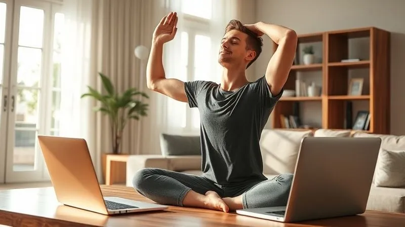 A photorealistic professional photo of a person performing a gentle stretch and deep breath in a sunlit living room, with a closed laptop visible on a nearby desk, symbolizing the end of the workday and a transition to personal time. Cinematic lighting, sharp focus, depth of field, 8K hyper-detailed, shot on a high-end DSLR.