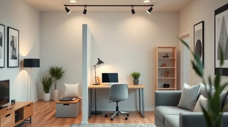 A photorealistic professional photo of a minimalist home office nook in a studio apartment, clearly delineated by a stylish room divider and a small, organized desk with a laptop, contrasting with the cozy, blurred background of a living area. Cinematic lighting, sharp focus on the office nook, depth of field, 8K hyper-detailed, shot on a high-end DSLR.
