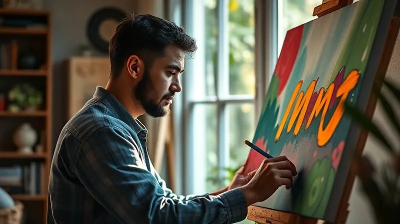 A photorealistic professional photo of a person engrossed in a hobby like painting on a canvas, with natural light streaming through a window, showing vibrant colors and a sense of calm and creative flow. The setting should feel distinctly personal and separate from work. Cinematic lighting, sharp focus on the person and their art, depth of field, 8K hyper-detailed, shot on a high-end DSLR.