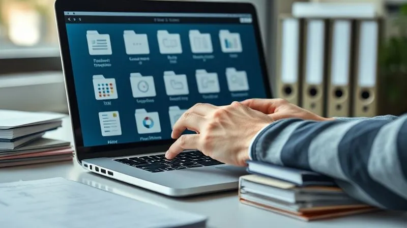 photorealistic, professional photography, 8K, cinematic lighting, sharp focus, depth of field, shot on a high-end DSLR, a person's hands meticulously organizing documents into neatly labeled digital folders on a sleek laptop screen, surrounded by a few well-organized physical files, conveying discretion, order, and preparation in a modern office setting.
