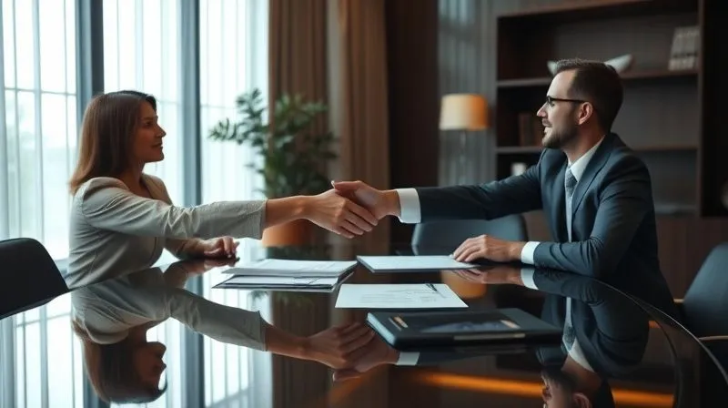 photorealistic, professional photography, 8K, cinematic lighting, sharp focus, depth of field, shot on a high-end DSLR, a discreet business meeting taking place in a modern, elegant private office, two professionals shaking hands across a polished table, subtle hints of financial documents, soft lighting, conveying confidentiality and trust, no faces clearly visible, focus on the interaction and setting.