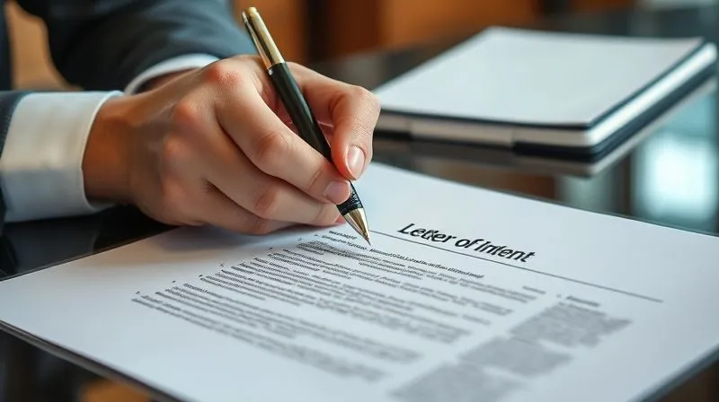 photorealistic, professional photography, 8K, cinematic lighting, sharp focus, depth of field, shot on a high-end DSLR, two hands, one holding a pen, poised over a legal document titled 'Letter of Intent', with strategic sections highlighted, conveying careful consideration and the weight of a conditional agreement, formal office setting, subtle warm lighting.