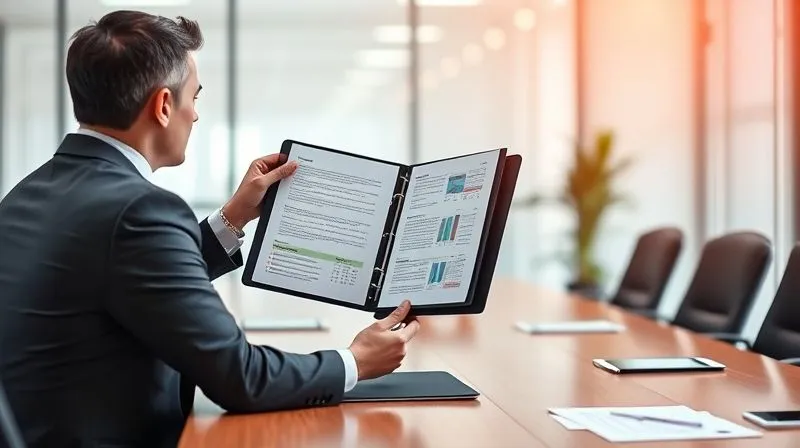 photorealistic, professional photography, 8K, cinematic lighting, sharp focus, depth of field, shot on a high-end DSLR, a confident business owner (no face visible) presenting a well-organized binder of documents to another professional (no face visible) across a conference table, symbolizing a successful and strategic presentation for approval, bright and professional office environment.