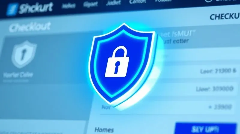 A photorealistic digital shield icon glowing with protective blue light, overlaid on a blurred background of an e-commerce checkout page with various security symbols. Professional photography, 8K, cinematic lighting, sharp focus on the shield, depth of field, shot on a high-end DSLR. A photorealistic digital shield icon glowing with protective blue light, overlaid on a blurred background of an e-commerce checkout page with various security symbols. Professional photography, 8K, cinematic lighting, sharp focus on the shield, depth of field, shot on a high-end DSLR.