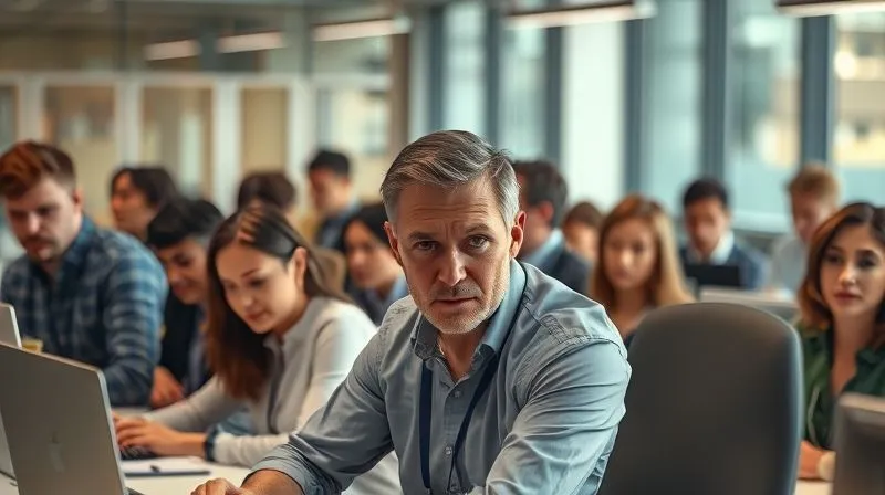 A photorealistic image of a diverse group of employees in a modern office, some looking down at their desks, others with expressions of apathy or confusion, a leader in the foreground looking concerned but determined. Cinematic lighting, sharp focus, depth of field, 8K hyper-detailed.