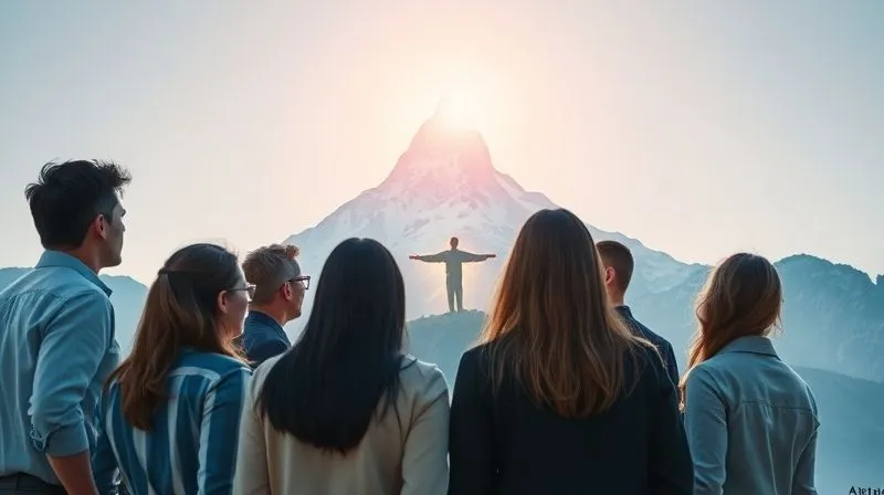 A photorealistic image of a diverse group of professionals looking up at a distant, brightly lit mountain peak, symbolizing a clear, inspiring vision, with a path leading towards it. The foreground shows a team huddle, engaged and collaborative. Cinematic lighting, sharp focus, depth of field, 8K hyper-detailed.