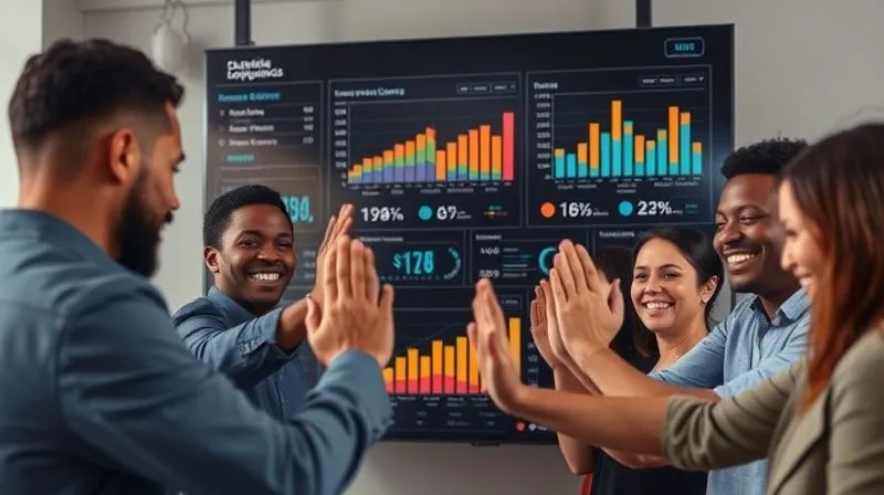 A photorealistic image of a diverse team gathered around a large digital dashboard displaying positive metrics and charts, with smiles and high-fives, symbolizing collective success and celebration of progress. Cinematic lighting, sharp focus, depth of field, 8K hyper-detailed.
