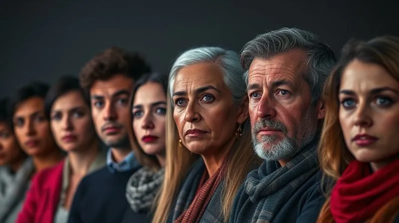 A photorealistic, professional photography, 8K, cinematic lighting, sharp focus, depth of field, shot on a high-end DSLR. A diverse group of individuals representing different stakeholder groups (investors, employees, community leaders) each with a subtle expression of doubt or questioning, visually indicating different forms of skepticism towards a corporate presentation.