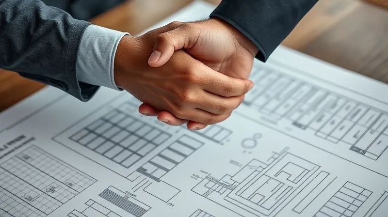 A photorealistic, professional photography, 8K, cinematic lighting, sharp focus, depth of field, shot on a high-end DSLR. Two hands, one corporate and one representing an NGO or community, clasped in a firm handshake over a blueprint of a sustainable project, symbolizing trust and partnership in CSR initiatives.