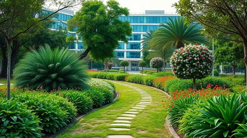 A photorealistic, professional photography, 8K, cinematic lighting, sharp focus, depth of field, shot on a high-end DSLR. A winding, well-maintained path leading through a vibrant, sustainably managed corporate garden towards a modern, eco-friendly building in the distance, symbolizing long-term, sustained CSR commitment and growth.