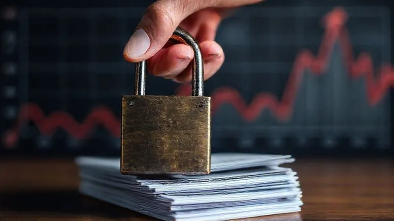 A photorealistic image of a sturdy, old-fashioned lock securing a stack of financial documents, with a steady, calm hand placing the lock. The background shows a blurry, volatile graph of rising interest rates. Professional photography, 8K, cinematic lighting, sharp focus, depth of field, shot on a high-end DSLR. A photorealistic image of a sturdy, old-fashioned lock securing a stack of financial documents, with a steady, calm hand placing the lock. The background shows a blurry, volatile graph of rising interest rates. Professional photography, 8K, cinematic lighting, sharp focus, depth of field, shot on a high-end DSLR.
