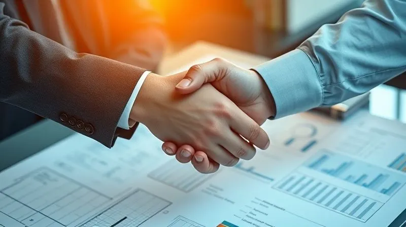 A photorealistic handshake between an auditor and a manager over a blueprint, symbolizing collaboration and trust in a professional office setting. Cinematic lighting, sharp focus, depth of field, 8K hyper-detailed, shot on a high-end DSLR.