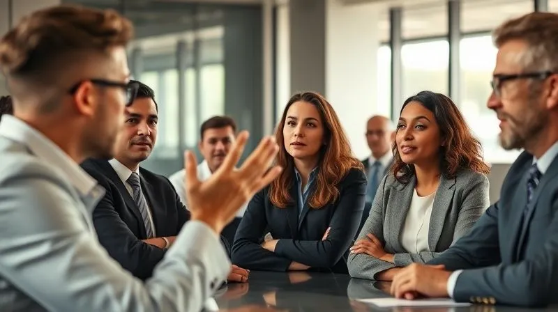 A photorealistic image of a diverse group of professionals in a modern conference room, engaged in a focused, respectful discussion. One person is gesturing calmly, while others listen intently. Soft, professional lighting, sharp focus on faces, depth of field. 8K hyper-detailed, shot on a high-end DSLR.