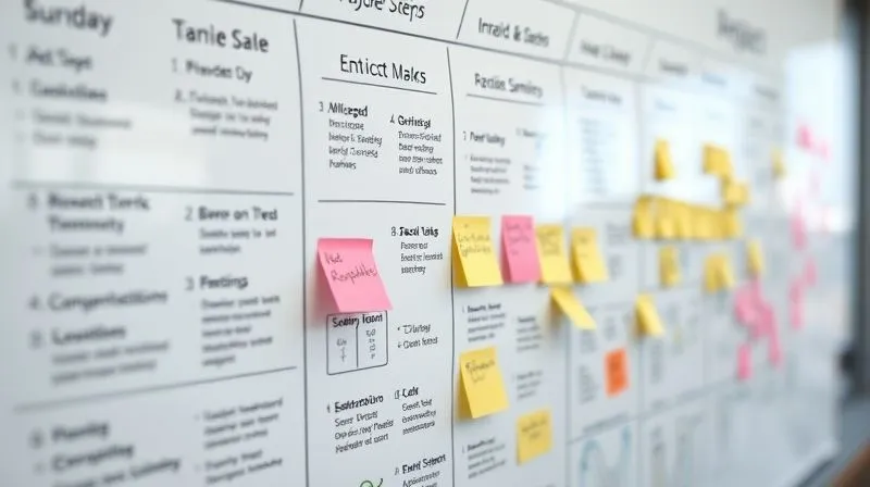 A photorealistic close-up of a project management whiteboard with sticky notes and diagrams, showing actionable steps, timelines, and assigned responsibilities. Professional, organized, and collaborative atmosphere. Cinematic lighting, sharp focus, depth of field, 8K hyper-detailed, shot on a high-end DSLR.