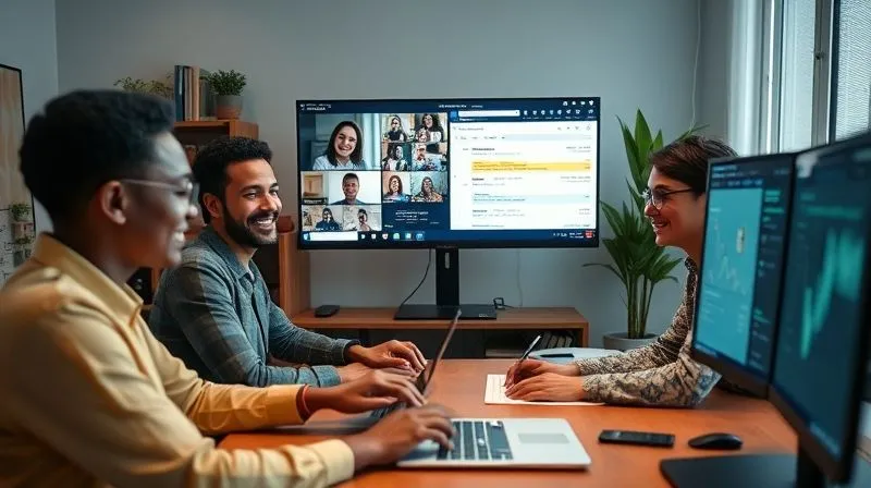 A photorealistic image of a diverse hybrid team collaborating effectively using various digital tools on multiple screens, some smiling in a video call, others typing on a project management dashboard. Soft, professional lighting, sharp focus on the interaction, depth of field showing a modern office and home environment. Professional photography, 8K, shot on a high-end DSLR, conveying seamless digital teamwork.