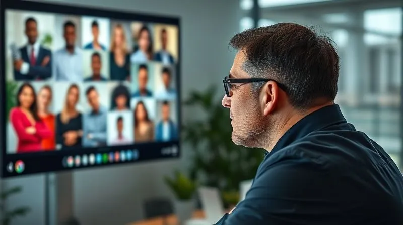 A photorealistic image of a thoughtful leader, looking at a diverse team on a large monitor, while also interacting with an in-office colleague. The leader's expression conveys empathy and strategic thinking. Cinematic lighting, sharp focus on the leader, depth of field blurring the background elements. Professional photography, 8K, shot on a high-end DSLR, conveying empathetic leadership in a hybrid setting.