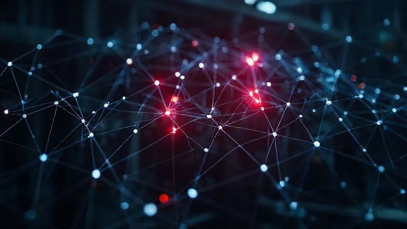 A photorealistic, professional photography, 8K, cinematic lighting, sharp focus, depth of field, shot on a high-end DSLR, showing a complex, abstract network of interconnected digital lines and nodes, with a few red flashing points indicating potential failure or risk, against a dark, industrial background. The image should convey complexity and interconnectedness of operational systems.