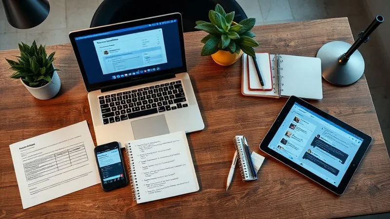A photorealistic overhead shot of a modern office desk with various digital and physical feedback collection tools laid out: a laptop showing an online survey, a smartphone displaying a social media review, a notepad with handwritten customer comments, and a tablet open to a live chat interface. Professional photography, 8K, cinematic lighting, sharp focus on the tools, depth of field blurring the background, shot on a high-end DSLR, conveying a comprehensive approach to feedback gathering.