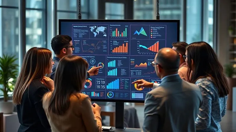 A photorealistic image of a diverse team of professionals collaborating around a large interactive screen, displaying data visualizations and strategic plans. They are actively discussing and pointing, embodying teamwork and problem-solving. Professional photography, 8K, cinematic lighting, sharp focus on the team and screen, depth of field blurring the background, shot on a high-end DSLR, conveying a collaborative and proactive approach to overcoming challenges.