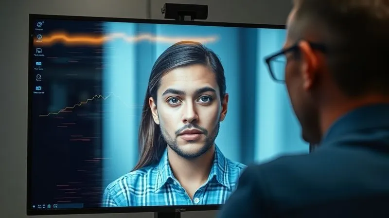A photorealistic image showing a distorted virtual interview screen, with subtle visual noise and color shifts around the candidate's face, symbolizing the interference of unconscious bias during remote hiring. The interviewer's side is clear and sharp, emphasizing the subjective perception. Professional photography, 8K, cinematic lighting, sharp focus, depth of field, shot on a high-end DSLR.