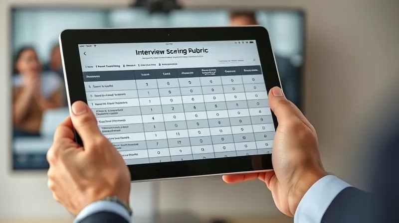A photorealistic image of a professional hand holding a tablet displaying a detailed interview scoring rubric with numerical ratings and descriptive criteria. The background shows a blurred virtual meeting screen, emphasizing the precision of objective evaluation in a remote context. Professional photography, 8K, cinematic lighting, sharp focus, depth of field, shot on a high-end DSLR.