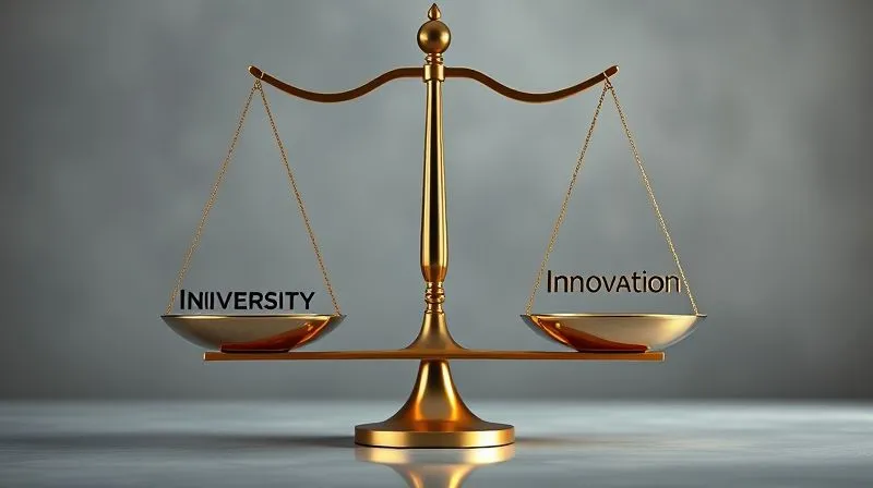 A photorealistic abstract image of a balanced scale, with one side representing 'Diversity' and the other 'Innovation' and 'Profitability', all in perfect equilibrium. The scale is made of elegant, modern materials, with soft, ambient lighting. Professional photography, 8K, cinematic lighting, sharp focus, depth of field, shot on a high-end DSLR.