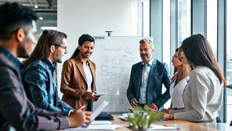 A photorealistic image of a diverse team of professionals in a modern office, gathered around a whiteboard brainstorming ideas, with a senior leader actively listening and taking notes. The atmosphere is collaborative and energetic, with natural light streaming in. Professional photography, 8K, cinematic lighting, sharp focus on the team's faces and interactions, depth of field blurring the office background, shot on a high-end DSLR. A photorealistic image of a diverse team of professionals in a modern office, gathered around a whiteboard brainstorming ideas, with a senior leader actively listening and taking notes. The atmosphere is collaborative and energetic, with natural light streaming in. Professional photography, 8K, cinematic lighting, sharp focus on the team's faces and interactions, depth of field blurring the office background, shot on a high-end DSLR.