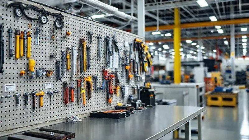 A photorealistic image of a clean, well-organized manufacturing workstation with tools neatly arranged on a pegboard and clear labels. The lighting is bright and even, highlighting the efficiency and order. Professional photography, 8K, cinematic lighting, sharp focus on the workstation and tools, depth of field blurring the background factory floor, shot on a high-end DSLR. A photorealistic image of a clean, well-organized manufacturing workstation with tools neatly arranged on a pegboard and clear labels. The lighting is bright and even, highlighting the efficiency and order. Professional photography, 8K, cinematic lighting, sharp focus on the workstation and tools, depth of field blurring the background factory floor, shot on a high-end DSLR.
