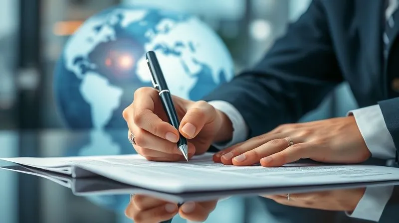 Photorealistic, professional photography, 8K, cinematic lighting, sharp focus, depth of field, shot on a high-end DSLR. A close-up of a legal contract being signed with a pen, hands in the foreground, with a blurred background showing a globe and international business symbols, emphasizing the global nature of the agreement and the critical moment of commitment.