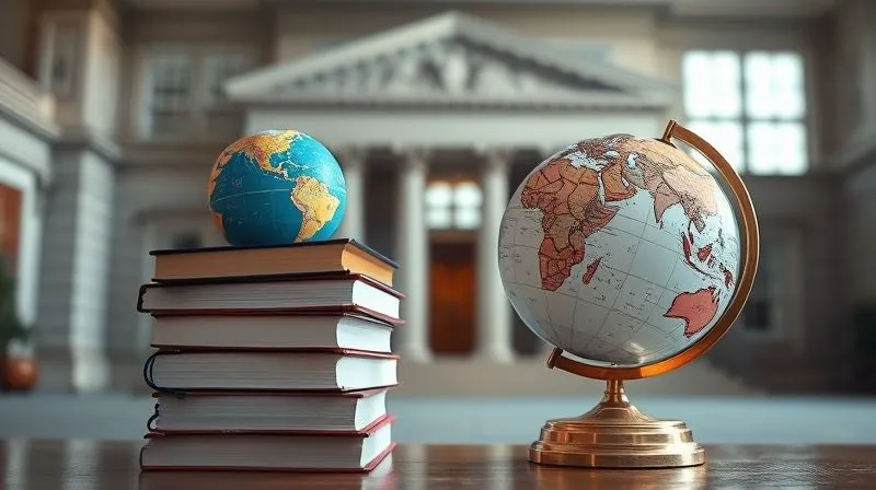 Photorealistic, professional photography, 8K, cinematic lighting, sharp focus, depth of field, shot on a high-end DSLR. A stack of international law books and a globe, with a blurred background of a court building's grand entrance, conveying the gravity and global reach of legal enforcement. The scene is illuminated by soft, natural light entering through large windows.
