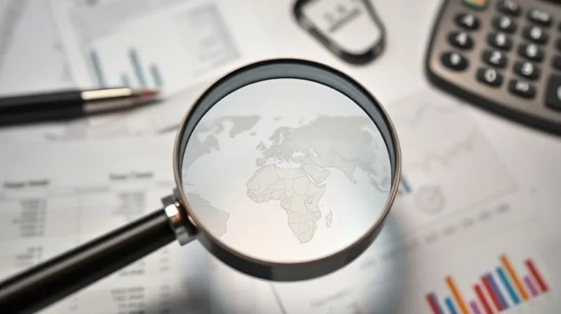 Photorealistic, professional photography, 8K, cinematic lighting, sharp focus, depth of field, shot on a high-end DSLR. A magnifying glass hovering over a complex financial statement or a global asset map, with legal documents and a calculator in the background, symbolizing the meticulous process of asset tracing and financial investigation in international enforcement.
