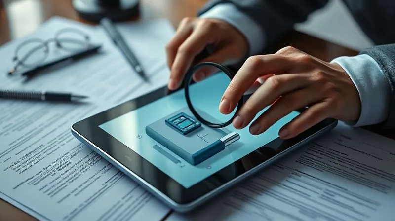 photorealistic, professional photography, 8K, cinematic lighting, sharp focus, depth of field, shot on a high-end DSLR, a pair of hands meticulously documenting evidence on a tablet, magnifying glass over a product, patent documents spread out, legal notes in the background, conveying diligence and precision in gathering proof of infringement.