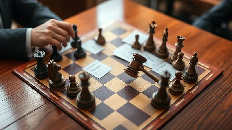 photorealistic, professional photography, 8K, cinematic lighting, sharp focus, depth of field, shot on a high-end DSLR, a complex legal chess game being played on a polished wooden table, with miniature gavels and patent documents as pieces, a strategic move being made, symbolizing the intricate legal strategy in patent enforcement.