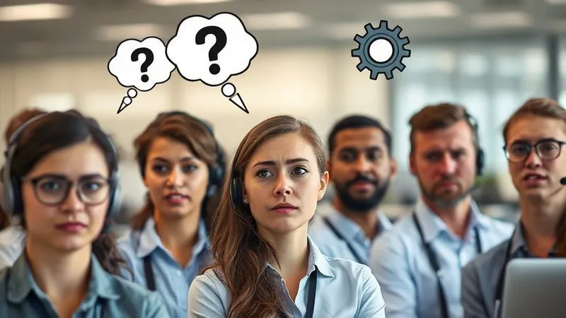 photorealistic, professional photography, 8K, cinematic lighting, sharp focus, depth of field, shot on a high-end DSLR. A diverse group of customer service employees looking confused and a bit stressed, with thought bubbles above their heads showing question marks and gears turning, symbolizing their internal resistance and uncertainty about new processes. The background is a blurred office environment.