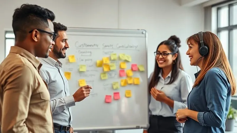 photorealistic, professional photography, 8K, cinematic lighting, sharp focus, depth of field, shot on a high-end DSLR. A diverse team of customer service employees gathered around a whiteboard, actively brainstorming and writing ideas, with sticky notes and diagrams. They are engaged and smiling, showing collaborative problem-solving in a modern office setting.