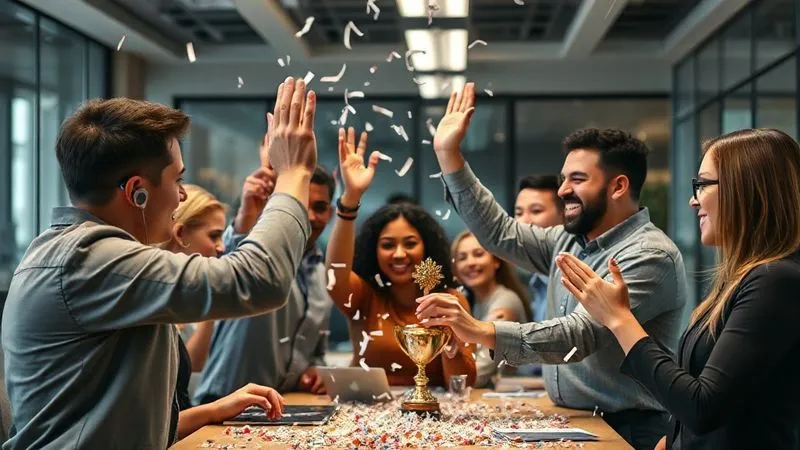 photorealistic, professional photography, 8K, cinematic lighting, sharp focus, depth of field, shot on a high-end DSLR. A diverse customer service team cheering and high-fiving in a modern office, celebrating a shared success. Confetti is in the air, and a small trophy or certificate is visible, symbolizing recognition and achievement.