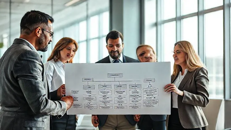 photorealistic, professional photography, 8K, cinematic lighting, sharp focus, depth of field, shot on a high-end DSLR. A diverse group of business professionals in a modern, sunlit conference room, collaboratively reviewing a detailed organizational chart with clear lines of succession and responsibility, a sense of calm preparedness on their faces.