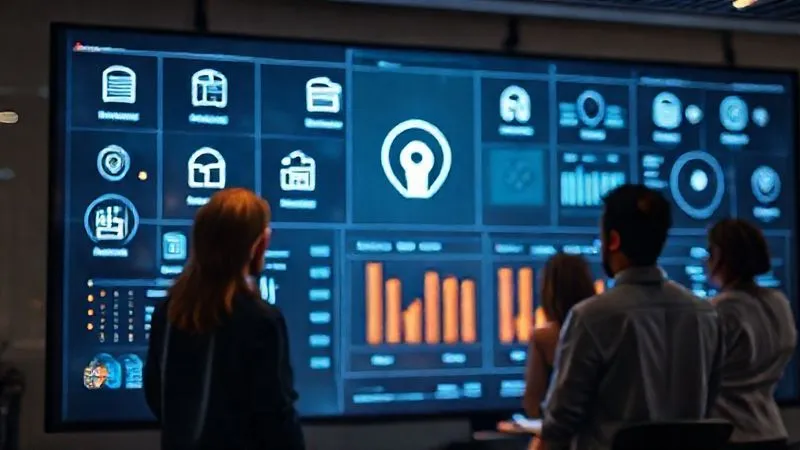 photorealistic, professional photography, 8K, cinematic lighting, sharp focus, depth of field, shot on a high-end DSLR. A meticulously organized digital dashboard on a large monitor, displaying interconnected icons representing documents, processes, client data, and financial records, with a subtle glow of security and order. A diverse team member is interacting with the screen, indicating a shared, accessible knowledge base.