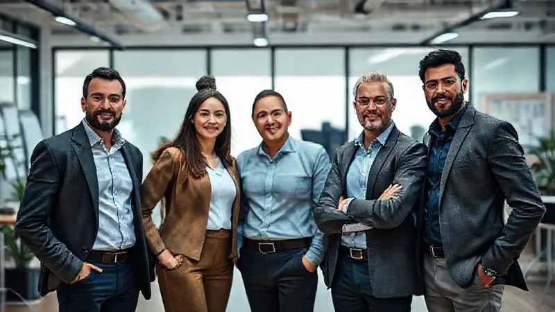 photorealistic, professional photography, 8K, cinematic lighting, sharp focus, depth of field, shot on a high-end DSLR. A diverse team of five business professionals, standing shoulder-to-shoulder, looking confidently at the camera, symbolizing unity and resilience. In the background, a modern office space with subtle indicators of a well-organized workflow, like a shared digital calendar and project boards.