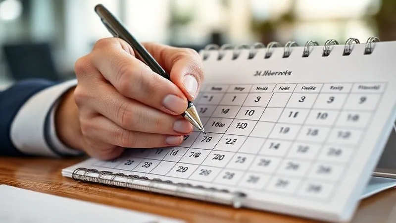 photorealistic, professional photography, 8K, cinematic lighting, sharp focus, depth of field, shot on a high-end DSLR. A close-up of a hand with a pen making notes on a detailed calendar marked with "Annual Review," "Succession Plan Update," and "Financial Audit," conveying meticulous planning and ongoing commitment. The background is a slightly blurred modern office setting.