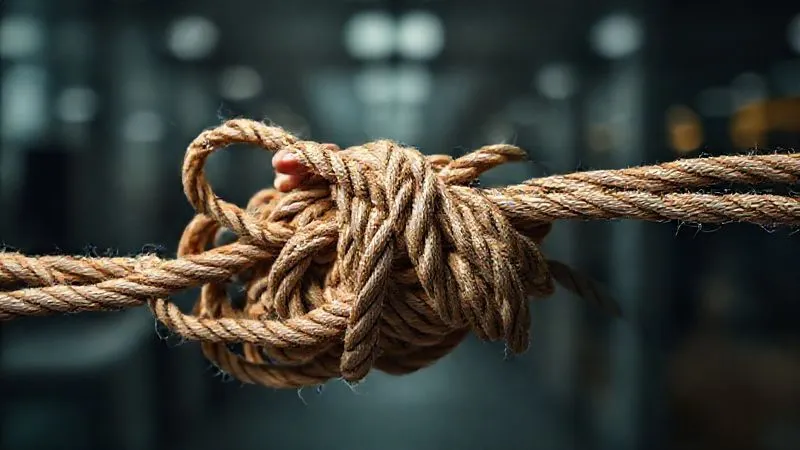 A photorealistic image of a complex, tangled knot of ropes, symbolizing resistance and the challenges of change, with a single skilled hand carefully beginning to untangle one strand. Cinematic lighting, sharp focus on the knot, depth of field blurring a corporate background. 8K, professional photography, shot on a high-end DSLR.