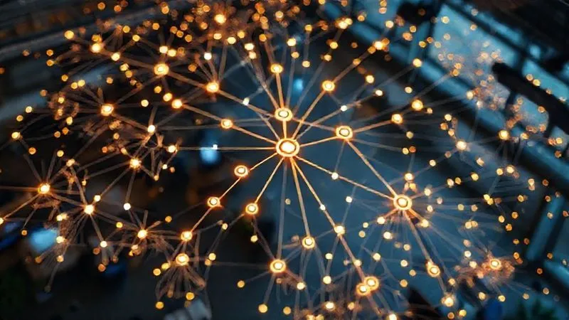 A photorealistic image of a complex, glowing organizational chart from an aerial view, with certain nodes and connecting lines subtly highlighted, indicating centers of influence and informal networks. Cinematic lighting, sharp focus on the glowing connections, depth of field blurring the broader office environment. 8K, professional photography, shot on a high-end DSLR.