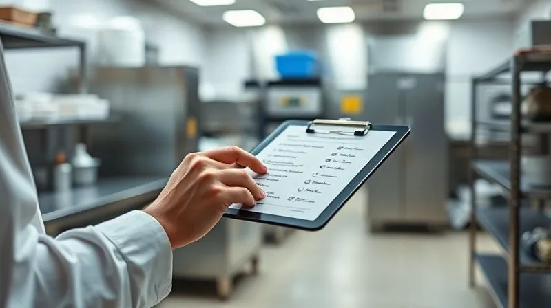 A photorealistic, professional photography, 8K, cinematic lighting, sharp focus, depth of field, shot on a high-end DSLR of a person with a clipboard and tablet conducting an audit in a brightly lit, clean commercial kitchen. The focus is on the detailed checklist on the tablet, with stainless steel surfaces and organized equipment blurred in the background, conveying meticulous inspection. A photorealistic, professional photography, 8K, cinematic lighting, sharp focus, depth of field, shot on a high-end DSLR of a person with a clipboard and tablet conducting an audit in a brightly lit, clean commercial kitchen. The focus is on the detailed checklist on the tablet, with stainless steel surfaces and organized equipment blurred in the background, conveying meticulous inspection.